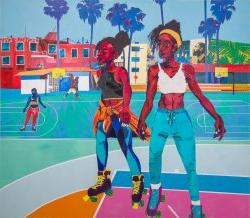 A colorful painting featuring two women are rollerblading in the foreground. In the background are blue palm trees, buildings, two children playing basketball, and another woman rollerblading.